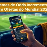 Hand holding phone with betting app, soccer match in background, floodlight bloom.