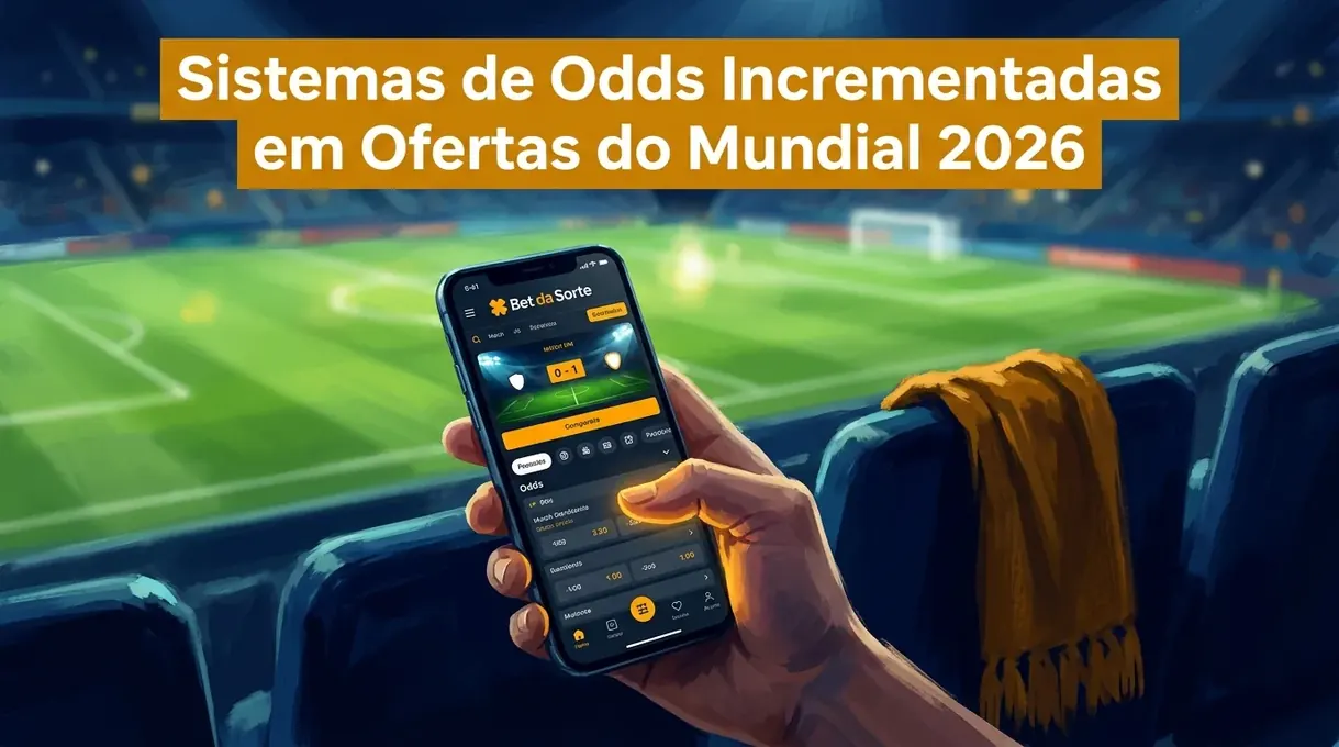 Hand holding phone with betting app, soccer match in background, floodlight bloom.