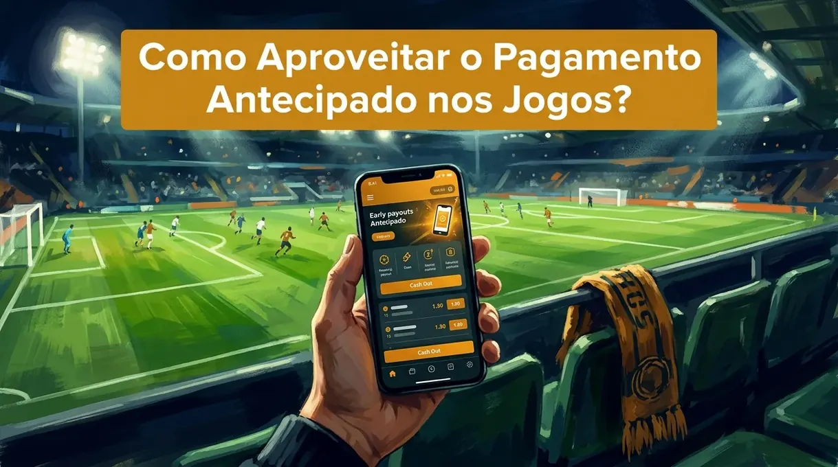 Mobile betting app on phone, blurred soccer match background, fan's scarf.