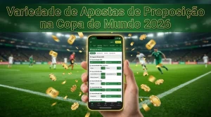 Mão segurando telefone com opções de apostas de futebol e confetes dourados.