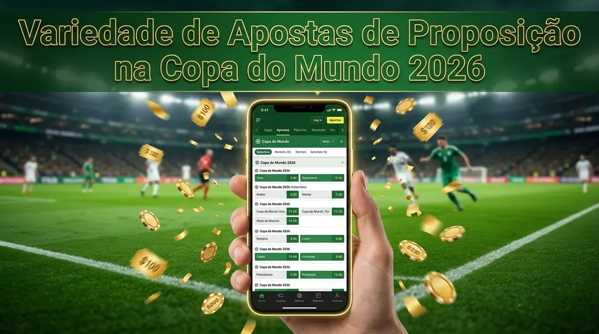Mão segurando telefone com opções de apostas de futebol e confetes dourados.